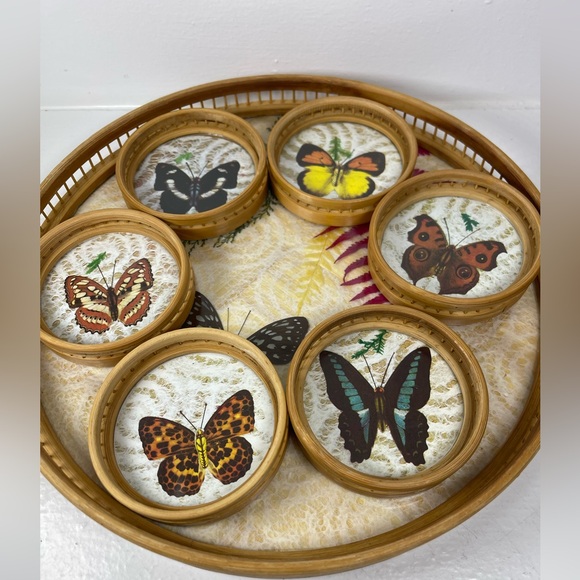 Vintage Bamboo/Rattan/Glass pressed flower & Butterfly tray/coaster set 7 pcs - Picture 11 of 16